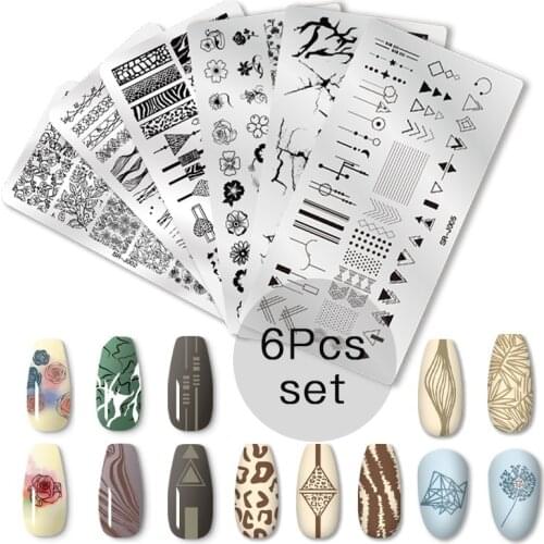 6 Pcs Nail Stamping Plates Set Geometry Flower Leaves with Silicone Stamper Scraper Sponge Nail Art Image Plate Tools