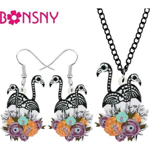 Bonsny Acrylic Halloween Flower Flamingo Skull Eyeball Jewelry Sets Festival Earrings Necklace For Women Kids Teens Gift Charms