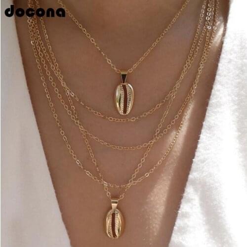 Docona Boho Beach Gold Color Chain Shell Ocean Multi Layer Long Necklace For Women Charm Choker Party Jewelry Gift C19110