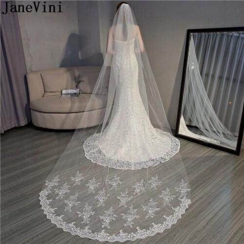 JaneVini Ivory Wedding Veils Long Bridal Veil with Comb Lace Appliques One Layer 3 Meters Bride Cathedral Veil Tulle Mariage