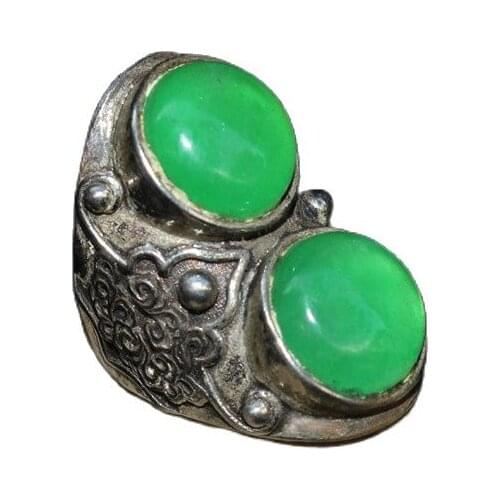 Chinese Old Craft Made Old Tibetan Silver Inlaid Green Jade Silver Ring