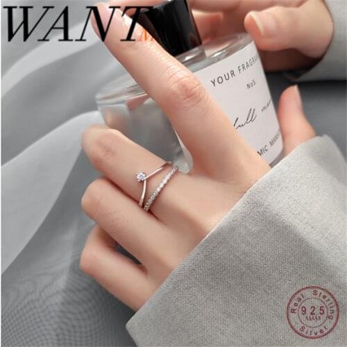 WANTME Fashion Chic Round Zircon V-shaped Finger Ring for Women Minimalism Real 925 Sterling Silver Wedding Jewelry Accessories