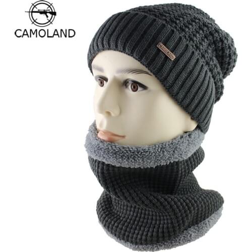 Brand Warm Fleece Lining Beanies Scarf Set Knitted Skullies Bonnet Autumn Winter Hats for Men Women Baggy Folders