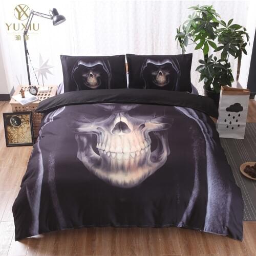 YuXiu Bedding Sets 3D Skull with Hat Duvet Covers 3Pcs Set Black Bed Linen Quilt Cover King Queen Full Twin Double Single