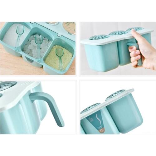 3 Grids Compartment Seasoning Box with Spoon and Clear Cover Storage Container Spice Jar Can Pot Condiment Organizer