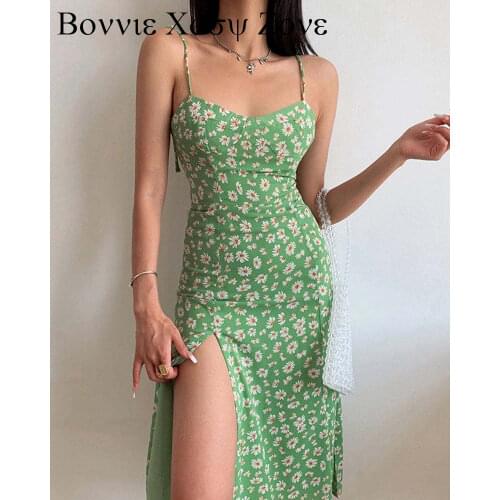 Summer Women Sweet Floral Print High Slit Sleeveless Dress Chic Midi Vacation Dresses