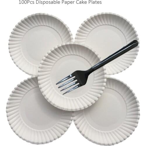 100Pcs Disposable Paper Plate with Forks Cake Cake Partition Round Cup Sugar Cane Dessert Plates Birthday Party Decorating Tools