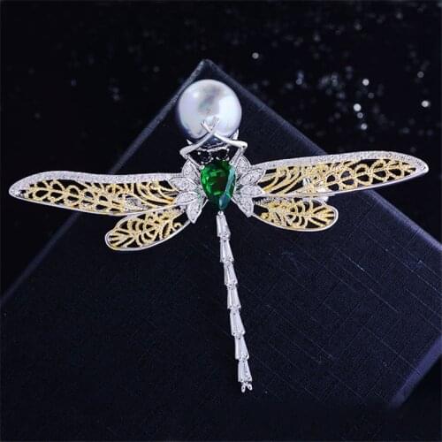 OKILY Vintage Zircon Hollow Out Insect Brooch Pins for Men Women Dragonfly with Pearl Brooches Clothes Jewelry Accessories