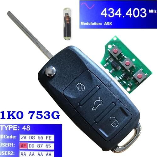 1J0 959 753 G 3 Button Flip Remot Car Key Fob 433MHz With ID48 Chip for Volkswagen 1J0959753G