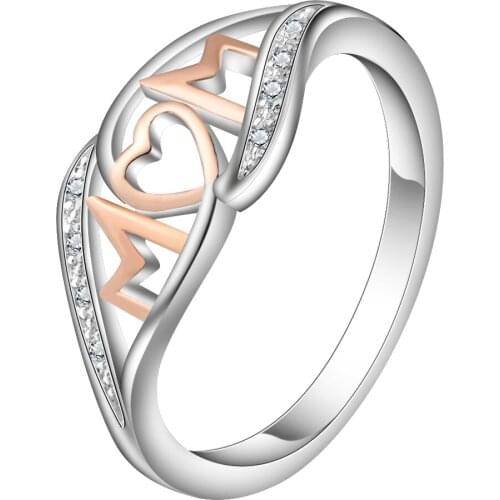 Rose Gold Love Heart Mom Letter Sterling Silver Ring Jewelry Fashion Mathers Gift Wedding Bands Finger Ring For Women