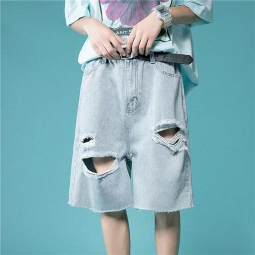 Ripped Wide-leg Jeans High Street Raw Edge Straight Shorts Loose Washed Oversize Overalls Casual Five-point Pants Thin Plus Size