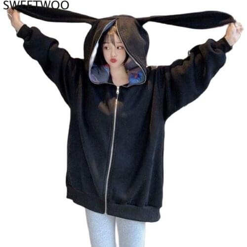 Harajuku Kawaii Bunny Ears Hoodie Women Fashion Top Spring Korea Oversized Loose Thick Zipper Sweatshirt Schoolgirl Cute Clothes