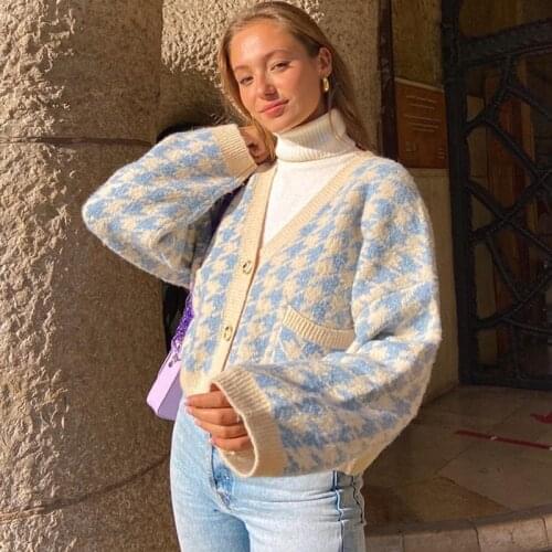 Vintage 90s Houndstooth Print Autumn Winter Knitted Long Sleeve Women Y2K Cardigan Sweaters Female 2020 Streetwear Knitwear Tops