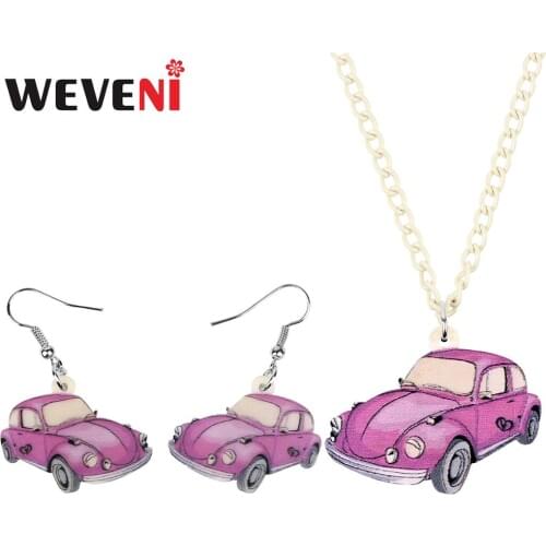 WEVENI Acrylic Pink Beetle Car Necklace Earrings Jewelry Sets Cartoon Toy Decorations For Girl Teens Charm Party Gift Accessory