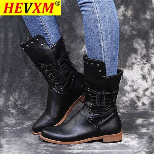 Women Flat Pu Cowboy Boots Female Cross-tie Rivet Mid-Calf Boots 2020 Autumn Winter Woman Low Square Heel Shoes Black Brown 43