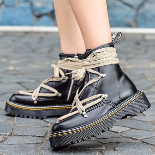 Black Platform Combat Ankle Boots for Women Lace Up Buckle Strap Woman Shoes Biker Boots Thigh High Leather Boots Botas De Mujer