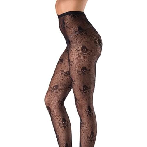 Women Sexy Hollow Sheer Fishnet Pantyhose Halloween Costume Skeleton Skull Jacquard Tights Gothic Punk Black Stockings Lingerie