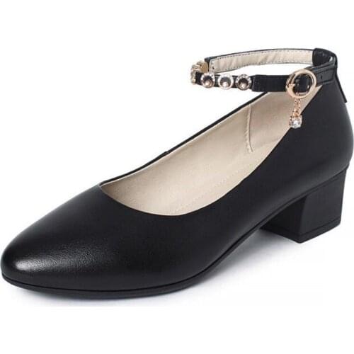 2020 New Spring Rhinestone High Heel Shoes Woman Genuine Leather Shoes Soft Comfort Breathable Hotel Work Shoes Fashion Shoes