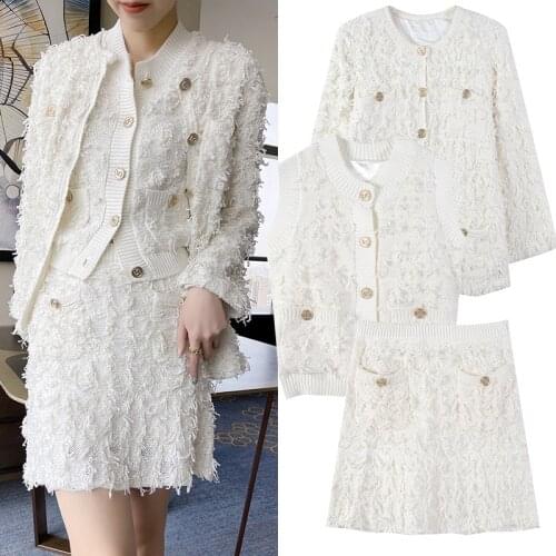 3 Pieces Sets for Women Outfits Runway Design White Cardigan Sweater Vest Mini Skirt Elegant Office Lady Casual Streetwear Fall