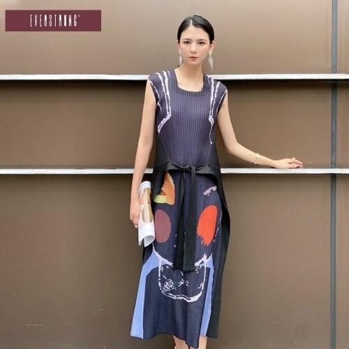 Summer Miyak Pleated Fashion Printed dress for women Bandage sleeveless plus size High elasticity Female Dresses Tide