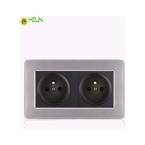 16a French Standard Wall Double Socket Luxury Power Outlet Enchufe Stainless Steel Brushed Silver Panel 146mm*86mm Ac 110~250v