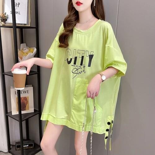 2021 New Short-sleeved T-shirt Women Summer New Round Neck Mid-length Tops Plus Size Letter Print Womens Loose Tshirts