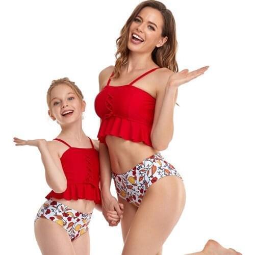 Beach Family Matching Swimsuits Ruffled Mother Daughter Swimwear Baby Girls Bikini Mommy and Me Clothes Dad Son Swim Trunks