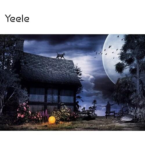 Yeele Halloween Background Dark Cloud Night Bat Cat Pumpkin Lantern Wooden House Backdrop Photography Photo Studio Photophone