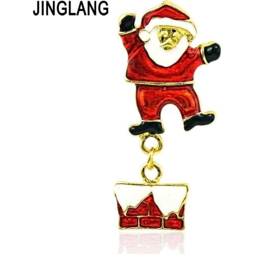 JINGLANG Fashion Gold Color Brooches Pins Red Enamel Santa Claus Dangle Gifts Brooches For Men Cloths Decoration Jewelry