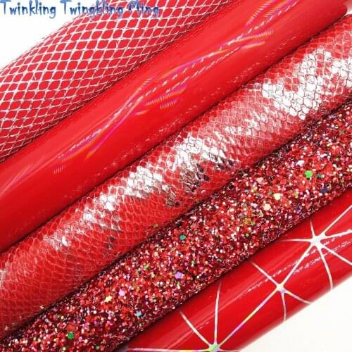 Red Glitter Leather, Metallic Snake Leather, Smooth Patern Faux Leather Fabric Sheets For Bow A4 21x29CM Twinkling Ming KM064