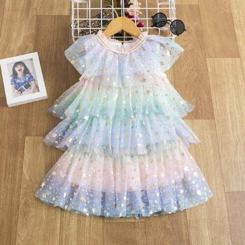 Summer Baby Girls Dress Mesh Dress Tulle Dresses Toddler Kids Baby Girls Star Lace Layered Dress Princess Party Dresses Clothes