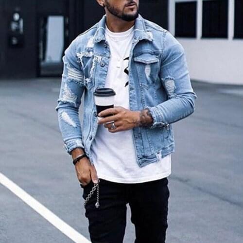 2021 Men Denim Jacket Hole Ripped Men Coat Moto Biker Men Jeans Jacket Pockets Chaquetas Hombre Washed Jeans Bomber Jacket