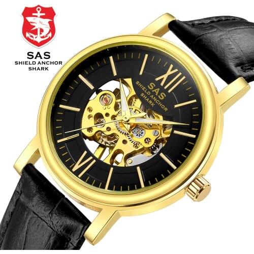 SAS Sport Watch Men Vintage Black Case Leather Band Shield Anchor Shark Hollow Mechanical Watches Gift for Men Relojes Masculino