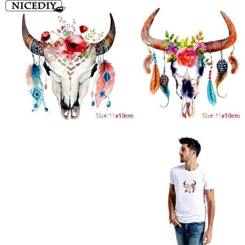 Nicediy Indian Tribe Skull Patches Clothing Applique Flowers Heat Transfer Stickers Applique On Clothes Thermal Transfers Badge