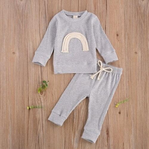 Pudcoco Newborn Baby Clothes Round Collar Long Sleeves Rainbow Print Tops Lace-up Pants 2Pcs Knitted Cotton Sports Home Jogger