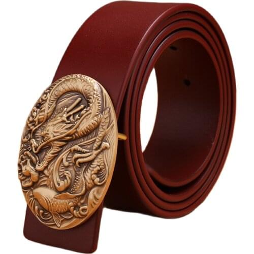 2020 Chinese stylish smooth buckle dragon belt for mens belts luxury solid brass full grain cowhide genuine leather strap camel