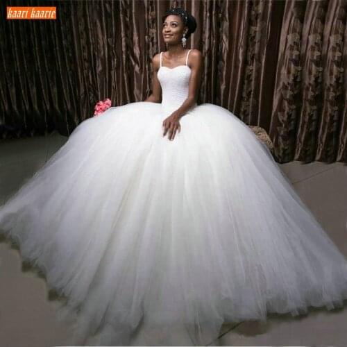 Sumptuous Africa White Wedding Gown Princess Pluffy Tulle Beaded Arabic Wedding Dresses Spaghetti Straps Custom Made Bride Dress