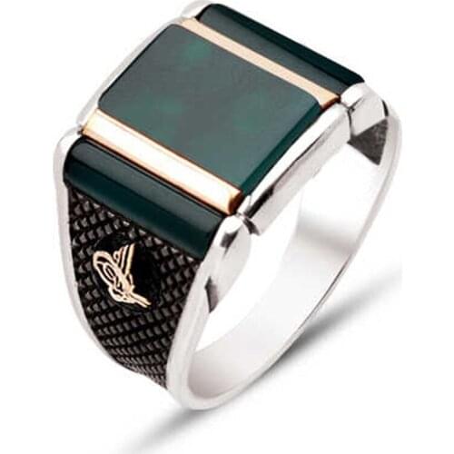 Silver Custom Cut Green Agate Stone Ottoman Tuğralı Male Ring
