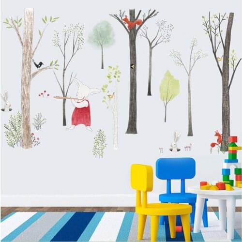Northern Europe Cartoon Woodland Wall Stickers for Nursery Kids Room Decor TV Bedroom Background Wallpaper Poster Art
