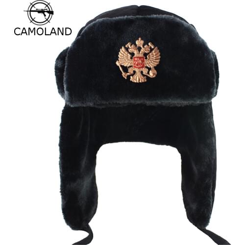 CAMOLAND Russia Ushanka Bomber Hat Women Man Soviet Army Military Badge Winter Hat Faux Fur Earflap Snow Cap Trapper Bomber Cap