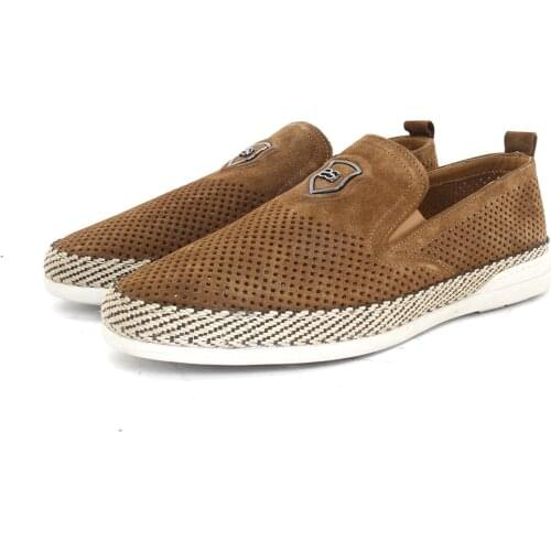 SHENBINs Handmade Perforated Suede Tobacco Espadrilles with Woven Straw Matting, Mens Casual Summer Shoes