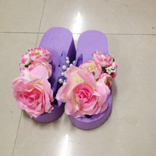 Handmade Slippers Design Flower Sandals Womens Casual Beach Shoes High Heel Wedge Flip Flops