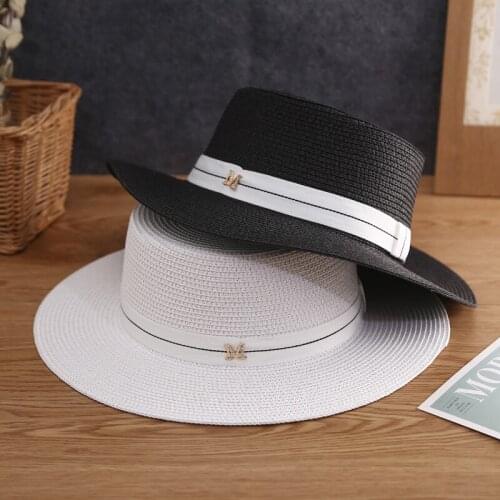 2021 New Letter Flat Top Straw Hat Ribbon Boater Beach Hat Womens Summer Wide Brim Fedora Panama Straw Travel Sun Cap Gorras