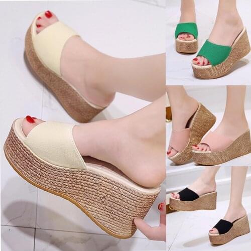 Women Bowknot Beach Summer Slippers Platform Slope Heels Plus Size Shoes Indoor Outdoor Flip-Flops Beach Shoes Female Slippers