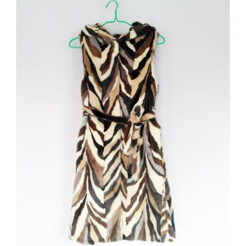 Real genuine natural mink fur vest with hood with belt womens fashion multi-color colorful long gilet girls jacket