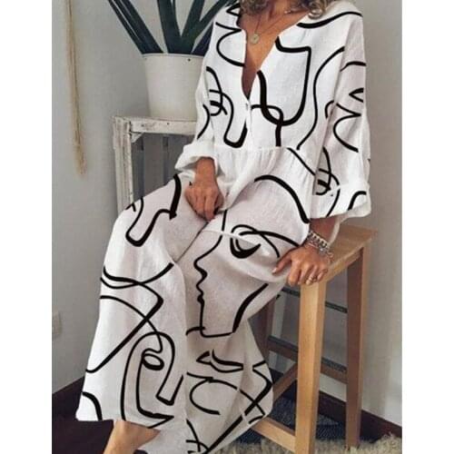 Hot Sale Abstract Face Print Plus Size White Dress Women Casual V-Neck Button Long Sleeve Party Maxi Dresses Femme Robe Vestidos