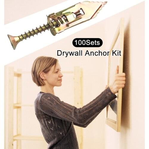 100sets With Screws Pierced Gypsum Board Heavy Duty Home Drywall Anchor Kit Expansion Self Drilling Toggle Manganese Steel