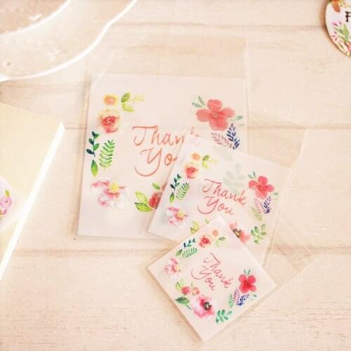 100 Pcs, 4 Sizes Pink Flower Self adhesive Cookie Candy Baking Plastic Packaging Bag, Thank you Printed Gift Bag