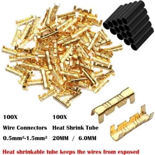 100PCS Heat Shrink Tube +100PCS Car Brass Copper 0.5-1.5mm Crimp Electrical Connector Wire Terminal Kit