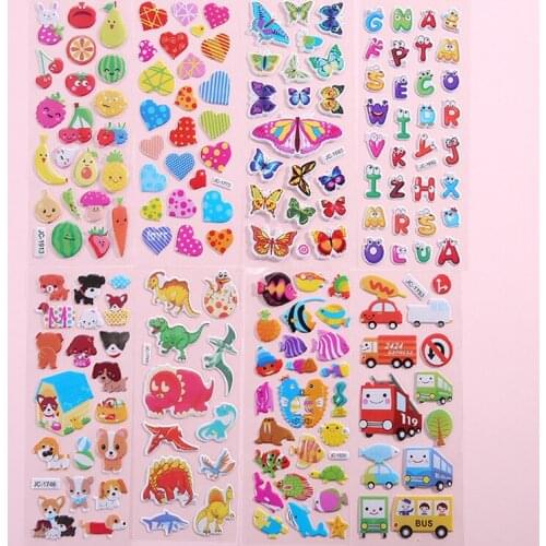 3D Colorful Waterproof Bubble Stickers Random Cartoon Dinosaurs Animals Cars Pattern DIY Children Toys Home Decoration Supplies